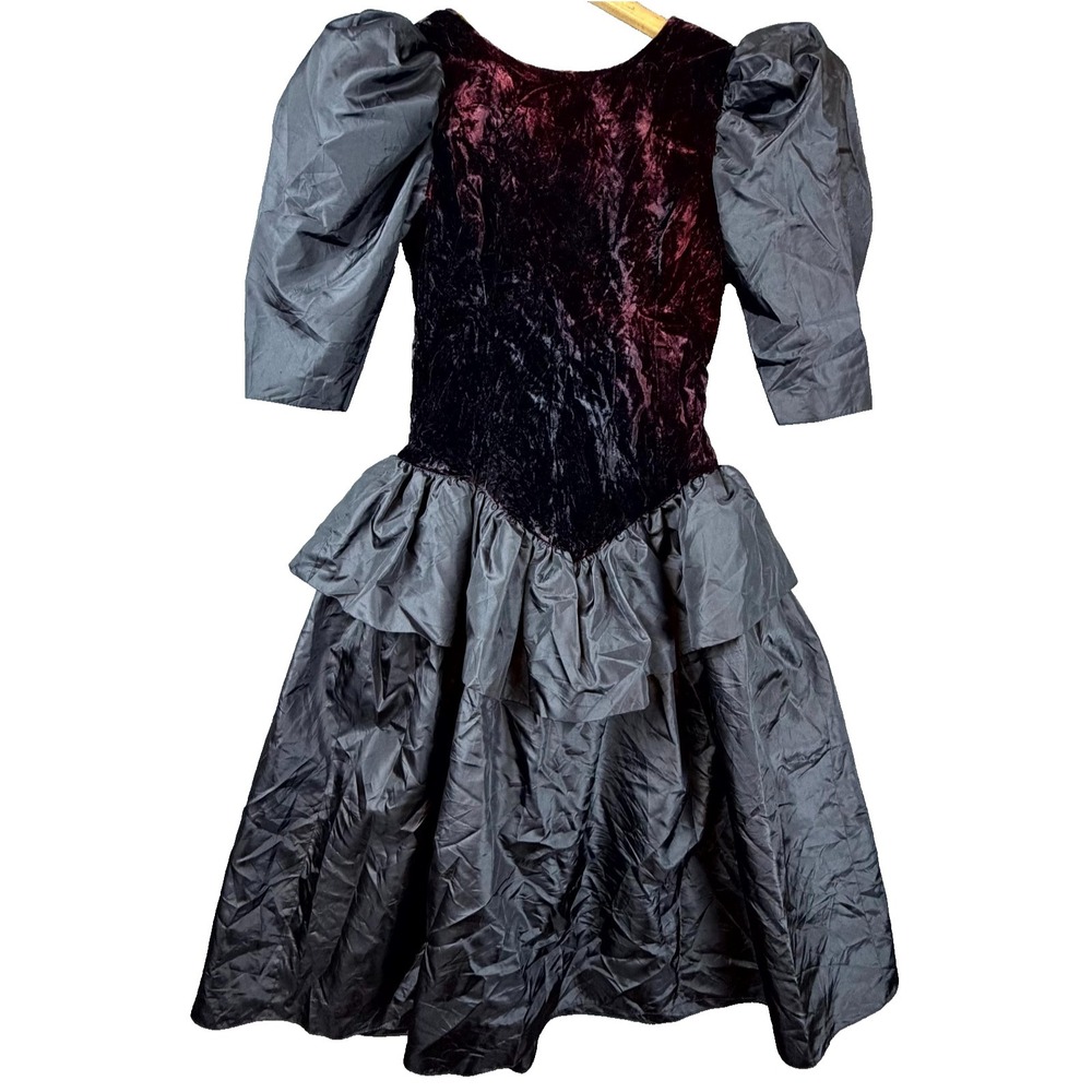 Vintage Velvet Cocktail Dress Womens Small Black Red 80s Goth Prom Basque Peplum